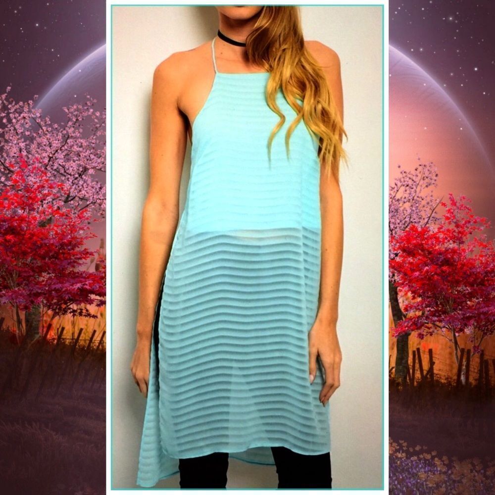 Light Blue Long Split Sides Tunic Tank Top